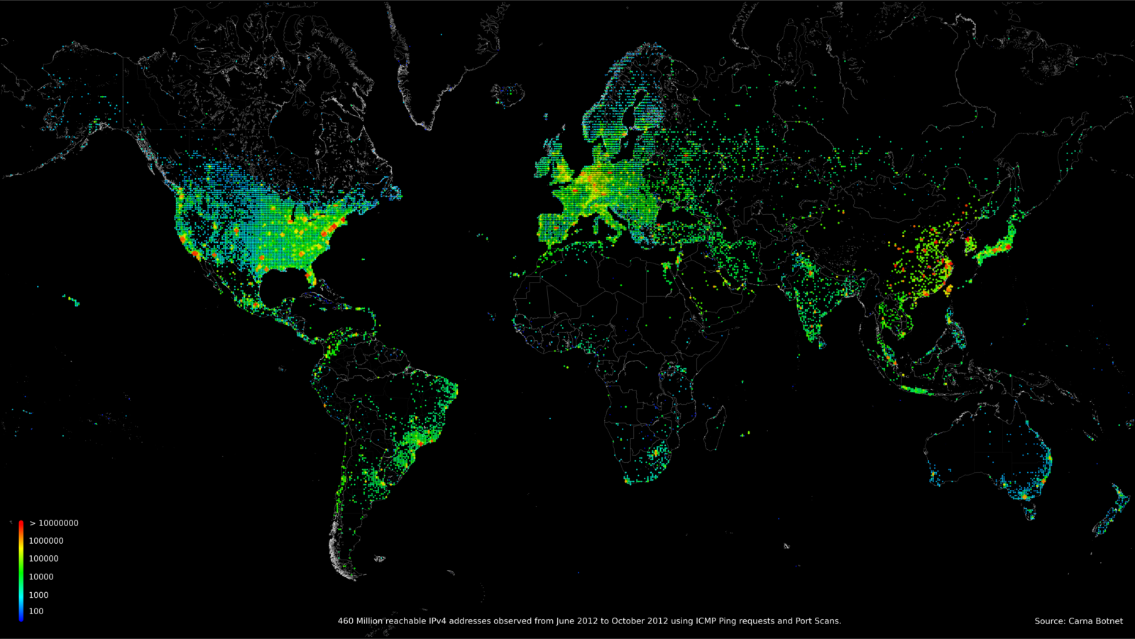 map of observable IPv4 addresses June-October 2012